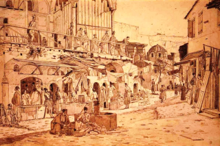Μοναστηράκι 1835. Βαυαροί στρατιώτες επιτηρούν από ψηλά τους ιθαγενείς της καινούργιας πρωτεύουσας. Γκραβούρα εκ του φυσικού, του Δανού ζωγράφου Μαρτίνου Ρερμπάι